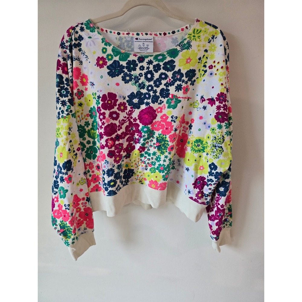 Champion Womens XL Floral Print Sweatshirt Relaxed Fit Cropped Multicolor Cream